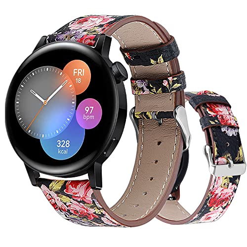 Kemikeji Armbänder Leder Uhrenarmband für Huawei Watch GT3 42mm Leder mit Metallschnalle aus Edelstahl Armband für Herren Damen, Lederarmband für Huawei Watch GT3 42mm (Schwarze rosa Blume,20mm) von Kemikeji