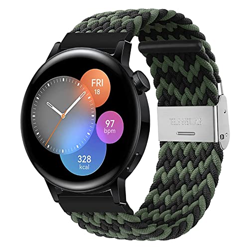 Nylon Armband Kompatibel mit Huawei Watch GT3 42mm Loop Nylon Sport Uhrenarmband für Huawei Watch GT3 42mm mit Metallschnalle aus Edelstahl Armbänder für Herren Damen (Schwarz Grün,20mm) von Kemikeji