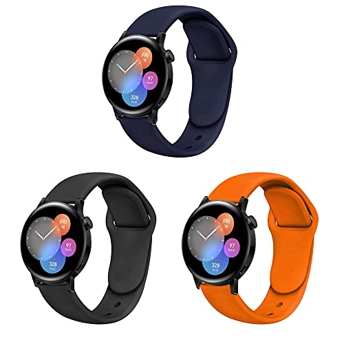 Silikon Armband kompatibel mit Huawei Watch GT3 42mm Sport Uhrenarmband 3 Stück Silikon Ersatzarmband für Huawei Watch GT3 42mm 20mm Ersatzband für Herren Damen (dunkelblau schwarz orange,20mm) von Kemikeji