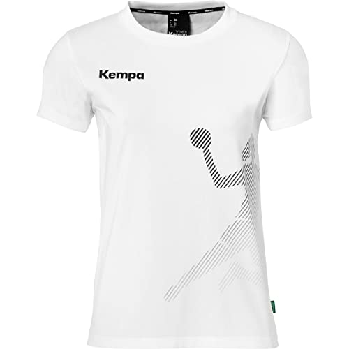 Kempa T-Shirt Women Black & White mit Rippe Kragen Baumwolle Shirt Damen - mit Playerin-Aufdruck - Sport Fitness Handball - weiß - Größe L & tailliert von Kempa