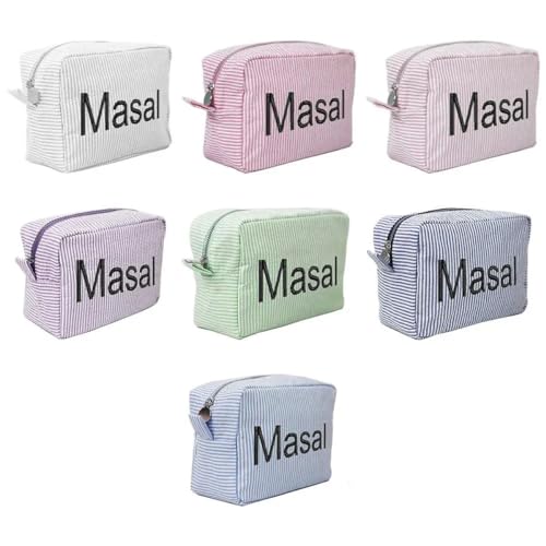 Personalisierte Seersucker Kosmetiktasche, Monogramm-Kulturbeutel, Brautgeschenk, Brautjungfernantragsgeschenk, Brautjungfer-Make-up-Tasche, Kosmetiktasche, mehrfarbig von Keruidian