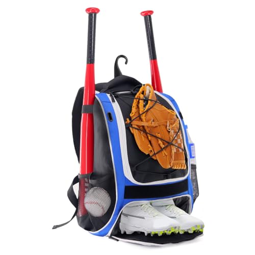 Kexpery Baseball-Rucksack, reflektierende Baseball-Tasche mit Zaunhaken und Schuhfach, Baseballschläger-Rucksack, große Kapazität, mehrere Taschen für Softball, Fußball (blau) von Kexpery
