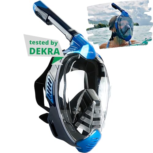 Khroom von DEKRA® geprüfte CO2 sichere Schnorchelmaske Vollmaske Seaview X - Tauchmaske für Erwachsene / Kinder | Schnorchelausrüstung / Schnorchelset Alternative (S/M, Blau) von Khroom