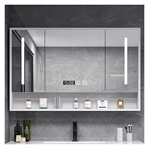 KiLoom Badezimmerspiegelschrank, LED-Spiegel-Medizinschrank mit Defogger, Uhr, Raumtemperaturanzeige, Einbau- oder Oberflächenmontage für stilvolle Badezimmer (Farbe: Weiß, Größe: 98 x 70 cm) von KiLoom