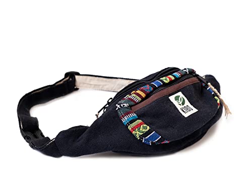 KIBO Bum Bag - Black | Hanf Bauchtasche, Bum Bag, verstellbare Taille, mit Baumwolle, Reißverschluss, Festival, Hüfttasche, Boho - Hippie Style, Unisex von Kibo