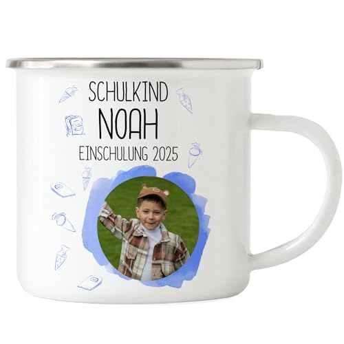 Kiddle-Design Foto Tasse Schulkind 2025 Junge, Schulanfang Einschulung Fototasse Personalisiert mit Bild & Name, Einschulungsgeschenk 1. Schultag für Erstklässler - Emaille-Tasse von Kiddle-Design