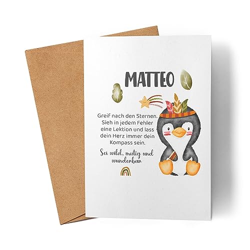 Kiddle-Design Karte Personalisiert Taufe Geburt Einschulung Taufgeschenk Taufkarte Patenkind Glückwünsche Baby Kind mit Pinguin von Kiddle-Design