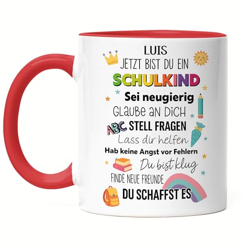 Kiddle-Design Tasse Schulkind 2025 Personalisiert, Einschulung Schulanfang Geschenk Spruch mit Name, Einschulungsgeschenk zum ersten Schultag für Erstklässler - Tasse Rot von Kiddle-Design