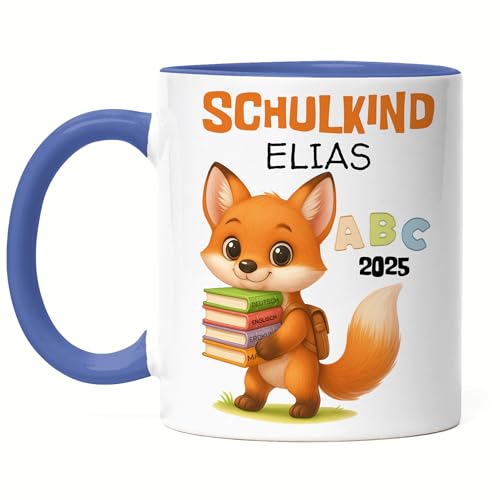 Schulkind 2025 Tasse Fuchs Personalisiert, Kleines Geschenk Einschulung Schulstart Schuleinführung mit Name & Fuchs für Erstklässler - Tasse Blau von Kiddle-Design