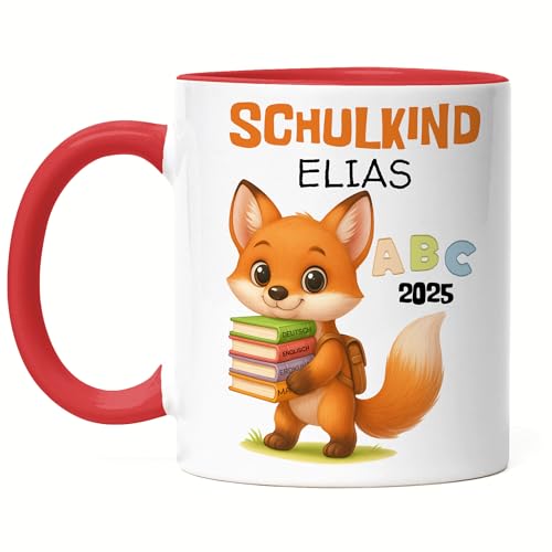Schulkind 2025 Tasse Fuchs Personalisiert, Kleines Geschenk Einschulung Schulstart Schuleinführung mit Name & Fuchs für Erstklässler - Tasse Rot von Kiddle-Design