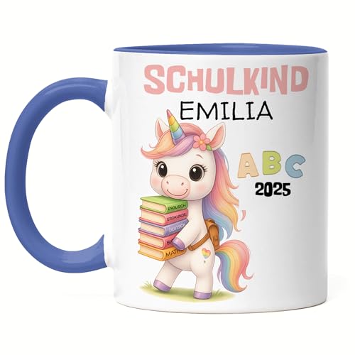 Schulkind 2025 Tasse Mädchen Einhorn Personalisiert, Kleines Geschenk Einschulung Schulstart Schuleinführung mit Name & Einhorn für Erstklässler - Tasse Blau von Kiddle-Design