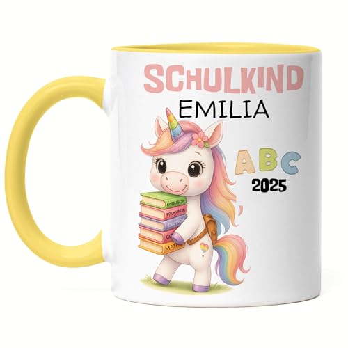 Schulkind 2025 Tasse Mädchen Einhorn Personalisiert, Kleines Geschenk Einschulung Schulstart Schuleinführung mit Name & Einhorn für Erstklässler - Tasse Gelb von Kiddle-Design