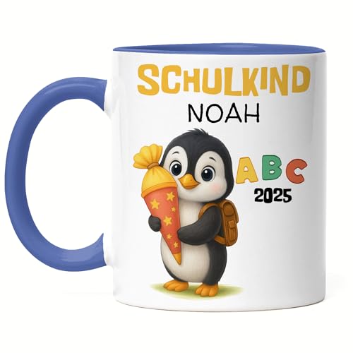 Schulkind 2025 Tasse Pinguin Personalisiert, Kleines Geschenk Einschulung Schulstart Schuleinführung mit Name & Pinguin für Erstklässler - Tasse Blau von Kiddle-Design