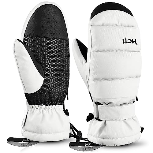 Kineed Skihandschuhe Damen Snowboard Fausthandschuhe Touchscreen wasserdichte Winter Warme Fäustlinge mit versteckter Reißverschlusstasche Weiß von Kineed
