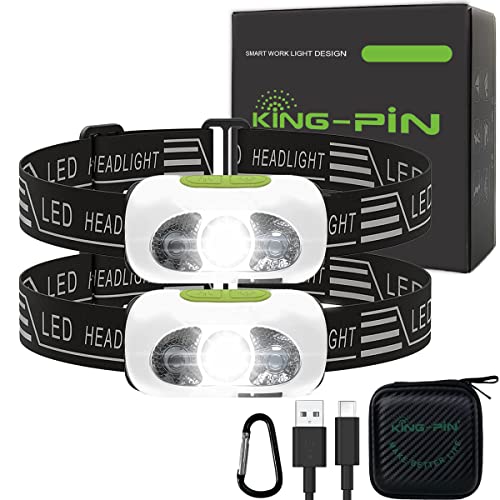 King-Pin Stirnlampe LED Wiederaufladbar, Kopflampe Stirnlampe mit Bewegungssensor, IPX5 Wasserdicht, 2 Unzen Ultraleicht Stirnleuchte für Jogging Laufen Nachtangeln Spaziergang Hund Campen Lesen von King-Pin