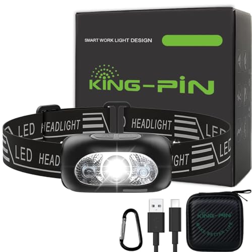 King-Pin Stirnlampe LED Wiederaufladbar, Kopflampe Stirnlampe mit Bewegungssensor, IPX5 Wasserdicht, 2 Unzen Ultraleicht Stirnleuchte für Jogging Laufen Nachtangeln Spaziergang Hund Campen Lesen von King-Pin