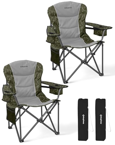 KingCamp 2er XXL Campingstuhl Faltbar bis 205 kg, Übergroßer Camping Stuhl Klappbar Gepolster mit Verstellbarer Rückenlehne Kühltasche Getränkehalter, Klappstuhl Camping mit Hochlehner Bequem, Grün von KingCamp
