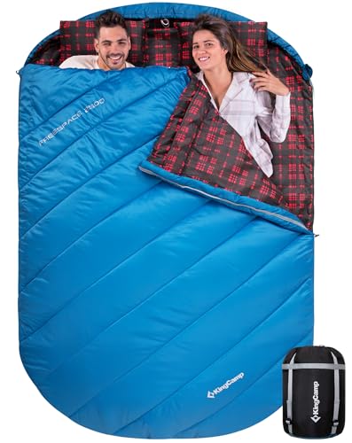 KingCamp Doppelschlafsack Flanell mit Kissen, Schlafsack 2 Personen, Schlafsack 3-4 Jahreszeiten, wasserfest, warm und komfortabel, verpackbar Schlafsack Outdoor,Blau von KingCamp