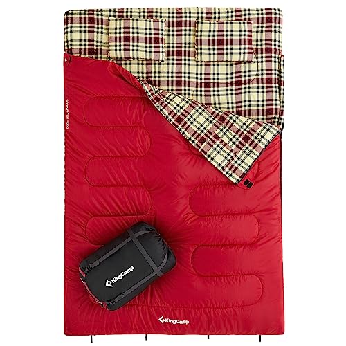 KingCamp Doppelschlafsack Winter Schlafsack 2 Personen Outdoor Warmer Deckenschlafsack Tragbar Leicht 3-4 Jahreszeiten mit 2 Flanell Kissen Camping Schlafsack für Kinder & Erwachsenen 4kg Rot von KingCamp