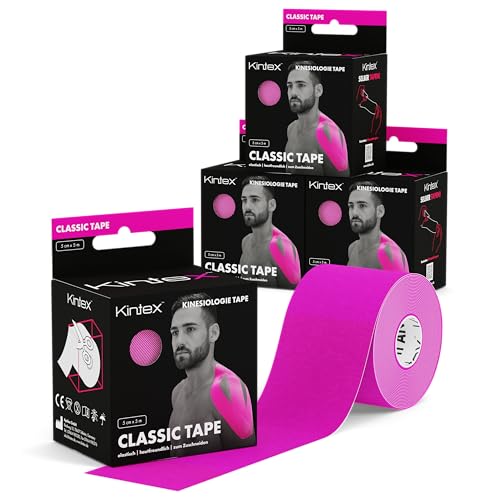 Kintex 4 Rollen Kinesiologie Tape Classic, 5 cm x 5 m, hautfreundliches & wasserfestes Kinesiologie Tape, Physio Tape, für Sport & Physiotherapie (Pink) von Kintex