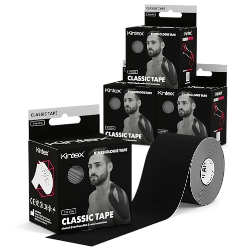 Kintex 4 Rollen Kinesiologie Tape Classic, 5 cm x 5 m, hautfreundliches & wasserfestes Kinesiologie Tape, Physio Tape, für Sport & Physiotherapie (Schwarz) von Kintex