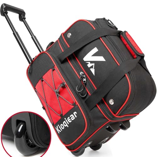 Kioqiear Bowlingtasche mit 2 Rollen und großem separatem Schuhfach und übergroßer Zubehörtasche, 91,4 cm ausziehbarer Griff (rot) von Kioqiear