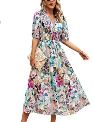 Kioxiuin Sommerkleider für Damen 2024 Blumenbedrucktes Wickelkleid mit V-Ausschnitt und kurzen Ärmeln und schlanker Taille und schlanker Beach Party Maxi Langes Kleid,Grün,XL von Kioxiuin