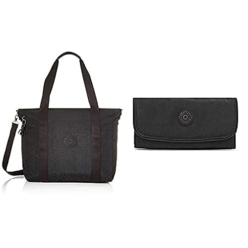 Kipling Asseni Strandtasche, 49 cm, 20 Liter, Schwarz Schwarz + Kipling Donna Money Land Wallets, Black Schwarz, 3x18.5x10 cm von Kipling