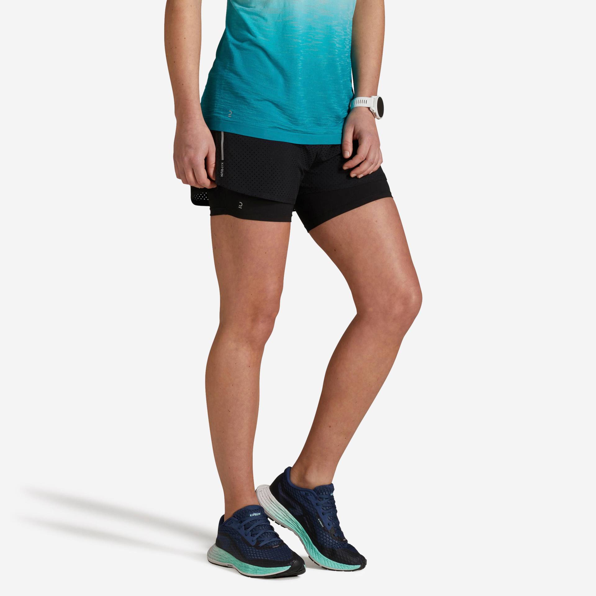 Laufshorts 2-in-1 Damen atmungsaktiv - Run 500 Comfort schwarz von Kiprun