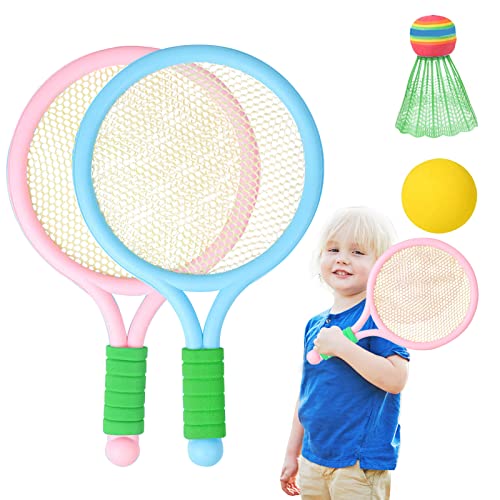Tennisschläger-Set für Kinder, 2 Tennisschläger mit 1 Badminton-Federball und 1 weichem Tennisball, Kinder-Tennisschläger (über 3 Jahre) für Kleinkinder, Indoor/Outdoor-Sport, Blau + Rosa von Kisbeibi