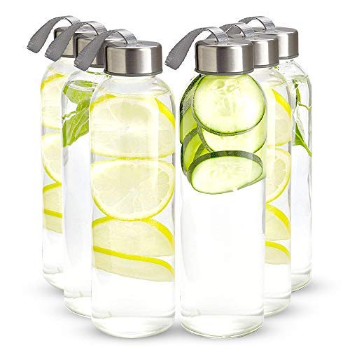 Kitchen Lux 473 ml Glas-Wasserflaschen, wiederverwendbare Wasserflaschen mit luftdichten, 6 Stück, Edelstahldeckel, Tragegurt und Nylon-Wasserflaschen-Schutzhüllen für heiße oder kalte Getränke von Kitchen Lux