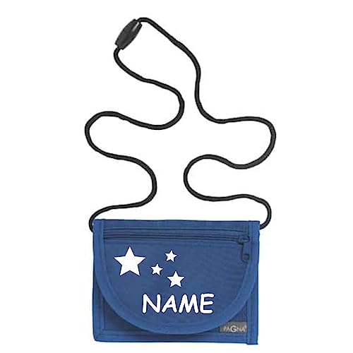 Kiwistar - Brustbeutel blau - Sterne - 13 x 10 cm Geldbeutel zum umhängen - Geldbörse für Jungen & Mädchen mit Namen individuell personalisiert von Kiwistar