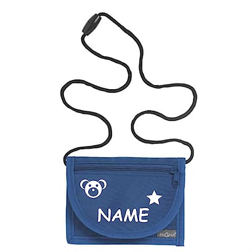 Kiwistar - Brustbeutel blau - Teddy - 13 x 10 cm Geldbeutel zum umhängen - Geldbörse für Jungen & Mädchen mit Namen individuell personalisiert von Kiwistar