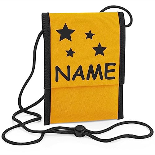 Kiwistar - Brustbeutel gelb - senf - Geldbeutel zum umhängen - Geldbörse für Jungen & Mädchen mit Namen individuell personalisiert - Motiv Sterne von Kiwistar