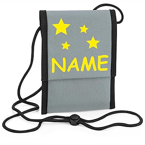 Kiwistar - Brustbeutel grau - Geldbeutel zum umhängen - Geldbörse für Jungen & Mädchen mit Namen individuell personalisiert - Motiv Sterne von Kiwistar