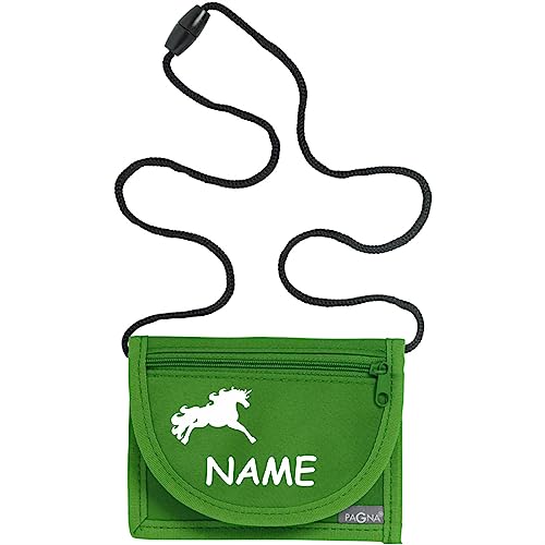 Kiwistar - Brustbeutel grün - Einhorn - 13 x 10 cm Geldbeutel zum umhängen - Geldbörse für Jungen & Mädchen mit Namen individuell personalisiert von Kiwistar