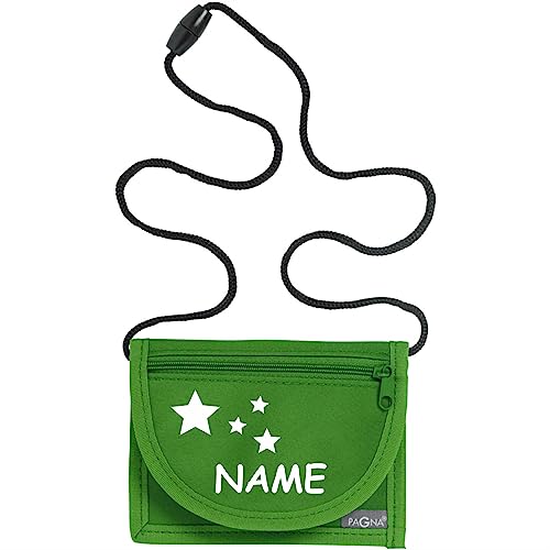 Kiwistar - Brustbeutel grün - Sterne - 13 x 10 cm Geldbeutel zum umhängen - Geldbörse für Jungen & Mädchen mit Namen individuell personalisiert von Kiwistar