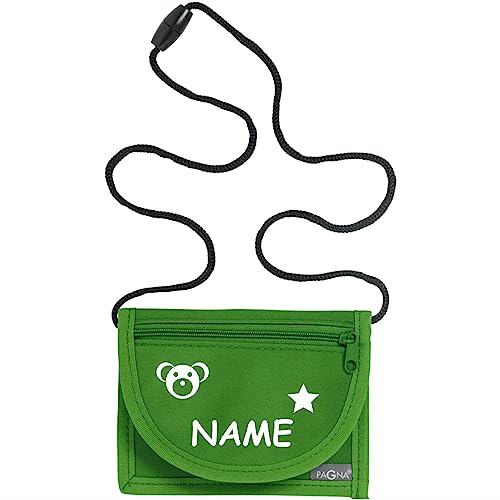 Kiwistar - Brustbeutel grün - Teddy - 13 x 10 cm Geldbeutel zum umhängen - Geldbörse für Jungen & Mädchen mit Namen individuell personalisiert von Kiwistar