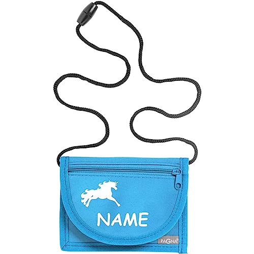 Kiwistar - Brustbeutel hellblau - Einhorn - 13 x 10 cm Geldbeutel zum umhängen - Geldbörse für Jungen & Mädchen mit Namen individuell personalisiert von Kiwistar