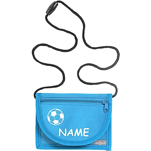 Kiwistar - Brustbeutel hellblau - Fussball - 13 x 10 cm Geldbeutel zum umhängen - Geldbörse für Jungen & Mädchen mit Namen individuell personalisiert von Kiwistar