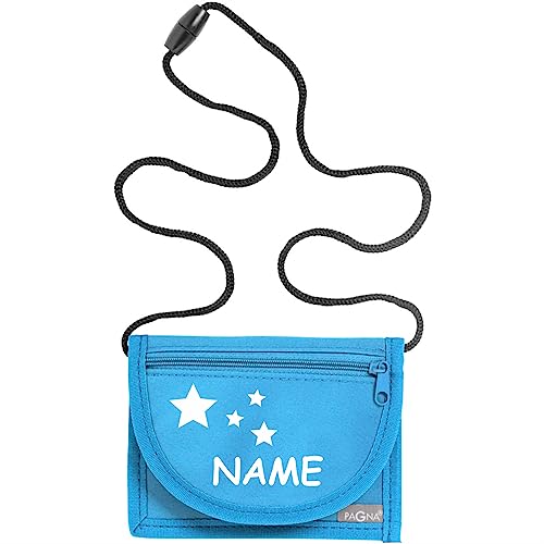 Kiwistar - Brustbeutel hellblau - Sterne - 13 x 10 cm Geldbeutel zum umhängen - Geldbörse für Jungen & Mädchen mit Namen individuell personalisiert von Kiwistar