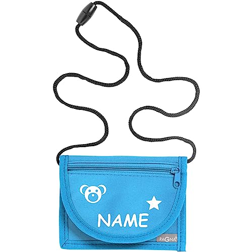 Kiwistar - Brustbeutel hellblau - Teddy - 13 x 10 cm Geldbeutel zum umhängen - Geldbörse für Jungen & Mädchen mit Namen individuell personalisiert von Kiwistar