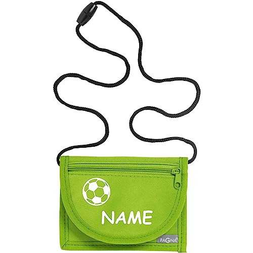 Kiwistar - Brustbeutel hellgrün - Fussball - 13 x 10 cm Geldbeutel zum umhängen - Geldbörse für Jungen & Mädchen mit Namen individuell personalisiert von Kiwistar