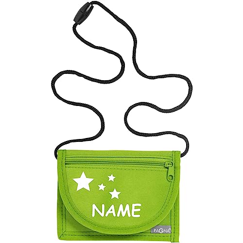 Kiwistar - Brustbeutel hellgrün - Sterne - 13 x 10 cm Geldbeutel zum umhängen - Geldbörse für Jungen & Mädchen mit Namen individuell personalisiert von Kiwistar