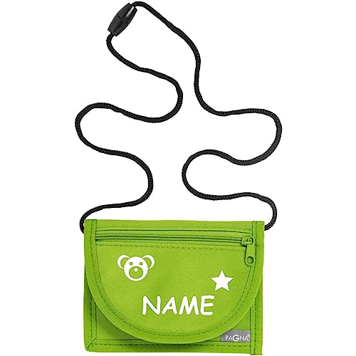 Kiwistar - Brustbeutel hellgrün - Teddy - 13 x 10 cm Geldbeutel zum umhängen - Geldbörse für Jungen & Mädchen mit Namen individuell personalisiert von Kiwistar
