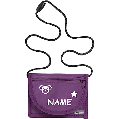 Kiwistar - Brustbeutel lila - Teddy - 13 x 10 cm Geldbeutel zum umhängen - Geldbörse für Jungen & Mädchen mit Namen individuell personalisiert von Kiwistar