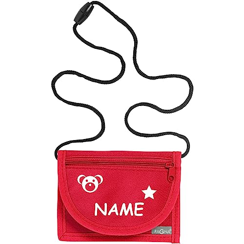Kiwistar - Brustbeutel rot - Teddy - 13 x 10 cm Geldbeutel zum umhängen - Geldbörse für Jungen & Mädchen mit Namen individuell personalisiert von Kiwistar