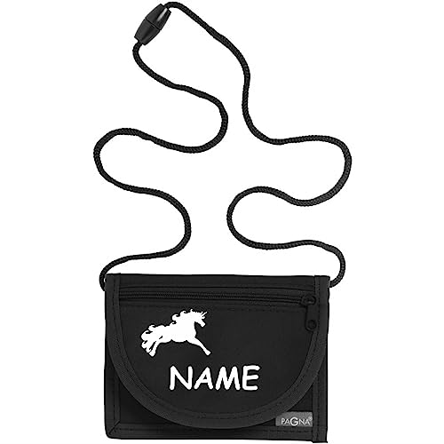 Kiwistar - Brustbeutel schwarz - Einhorn - 13 x 10 cm Geldbeutel zum umhängen - Geldbörse für Jungen & Mädchen mit Namen individuell personalisiert von Kiwistar