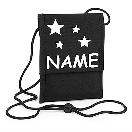 Kiwistar - Brustbeutel schwarz - Geldbeutel zum umhängen - Geldbörse für Jungen & Mädchen mit Namen individuell personalisiert - Motiv Sterne von Kiwistar