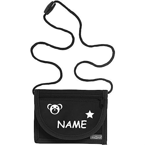 Kiwistar - Brustbeutel schwarz - Teddy - 13 x 10 cm Geldbeutel zum umhängen - Geldbörse für Jungen & Mädchen mit Namen individuell personalisiert von Kiwistar